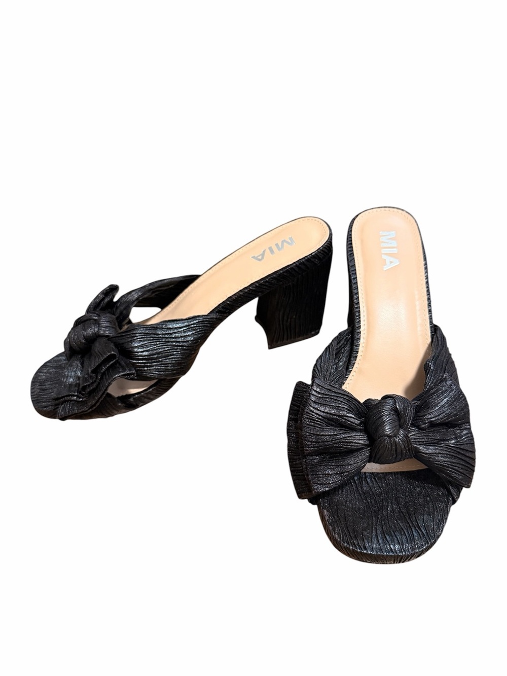 MIA Black Pleated Knot Bow Block Heel Dress Sandal NWT 8